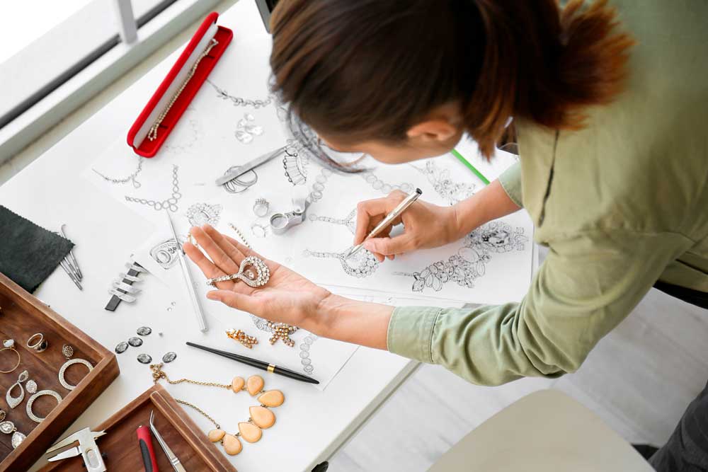 la créatrice dessine ses idées de bijoux, étape de croquis