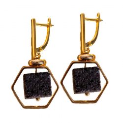 boucles d'oreilles modernes graphiques dorées avec pierre brute noire