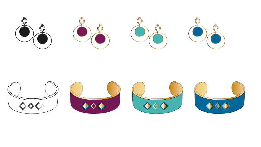 variants de couleurs de boucles d'oreilles et de bracelet en dessin numérique